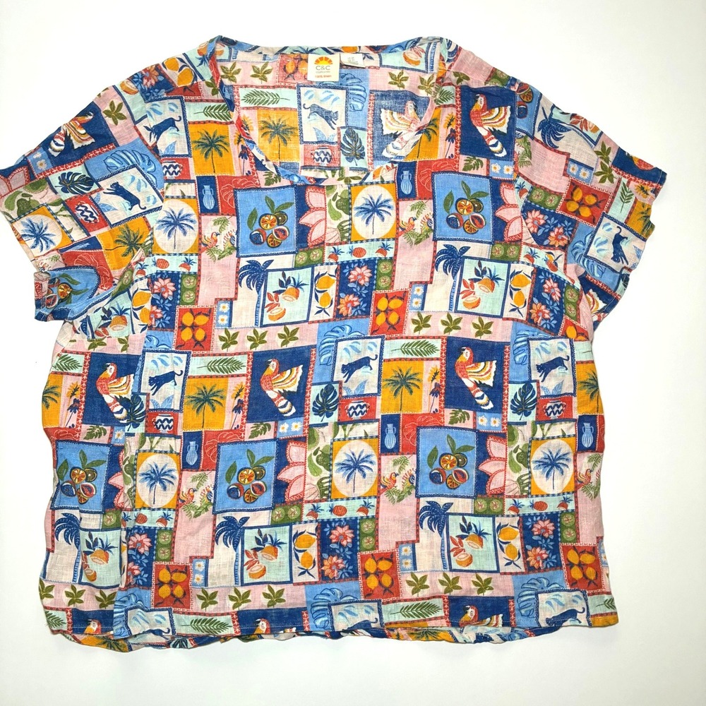 C&C California Linen Blouse Tropical Patchwork Resortwear Bright Multicolor 2XL